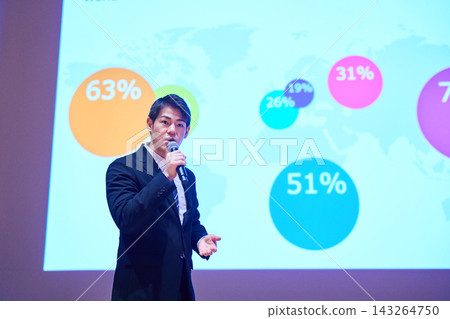 A Japanese man gives a presentation with a microphone in front of a screen. A Japanese man gives a presentation with a microphone in front of a screen. 143264750