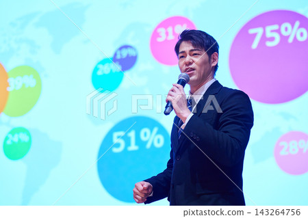A Japanese man gives a presentation with a microphone in front of a screen. 143264756