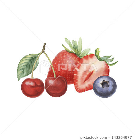 Strawberry, cherry, blueberry, leaf. Hand-painted watercolor illustration isolated on white for food packaging, drink, dessert, branding, label, logo, recipe, cookbook, jam, beverage, cosmetic, design Strawberry, cherry, blueberry, leaf. Hand-painted watercolor illustration isolated on white for food packaging, drink, dessert, branding, label, logo, recipe, cookbook, jam, beverage, cosmetic, design 143264977
