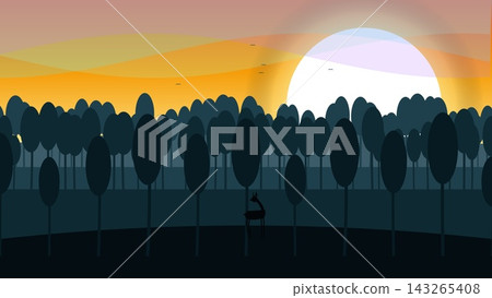 Woodland Deer Looking Back in Rolling Soft Meadow Ridges (Golden Hour Amber & Teal) 143265408
