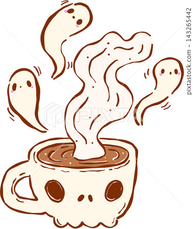 Spooky Cafe Halloween Coffee Skull Mug with Ghosts Steaming Hand drawn 143265442