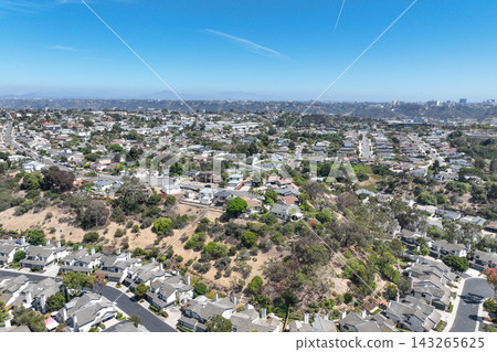 Aerial view of San Diego, Linda Vista neighborhood with houses and street Aerial view of San Diego, Linda Vista neighborhood with houses and street 143265625