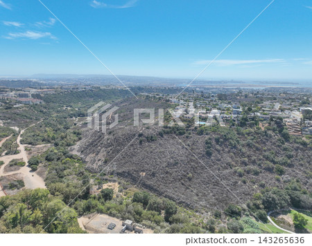 Aerial view of San Diego, Linda Vista neighborhood with houses and street Aerial view of San Diego, Linda Vista neighborhood with houses and street 143265636