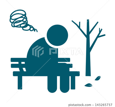 孤獨和社會孤立的象徵:一個人獨自坐在長椅上,低著頭。 孤獨和社會孤立的象徵:一個人獨自坐在長椅上,低著頭。 143265737