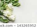White roses and eucalyptus leaves creating floral border 143265952
