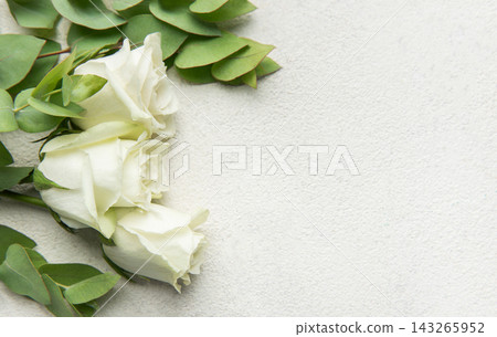 White roses and eucalyptus leaves creating floral border White roses and eucalyptus leaves creating floral border 143265952