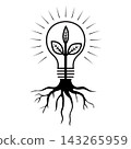 Minimalist black and white line art illustration of a light bulb with a growing plant inside and deep roots. Symbolizes green energy, eco-friendly innovation, sustainability, and renewable ideas 143265959