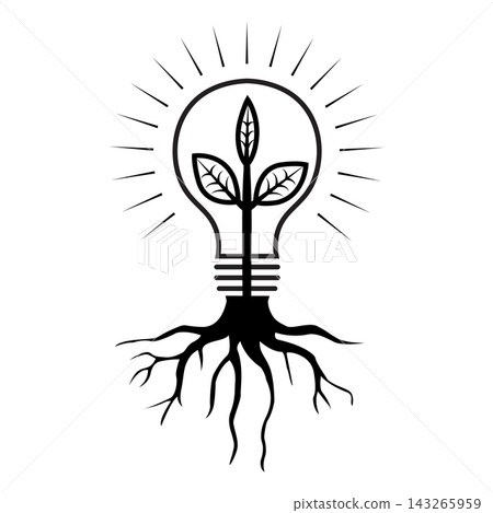 Minimalist black and white line art illustration of a light bulb with a growing plant inside and deep roots. Symbolizes green energy, eco-friendly innovation, sustainability, and renewable ideas Minimalist black and white line art illustration of a light bulb with a growing plant inside and deep roots. Symbolizes green energy, eco-friendly innovation, sustainability, and renewable ideas 143265959