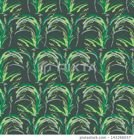 Seamless botanical leaf and grass repeat in layered green, lime, and gray on dark background, forming bold natural texture for wallpaper, fabric, packaging, and surface design. Seamless botanical leaf and grass repeat in layered green, lime, and gray on dark background, forming bold natural texture for wallpaper, fabric, packaging, and surface design. 143266037
