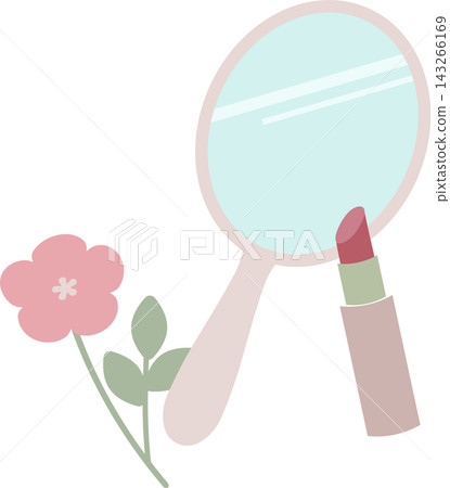 Illustration material featuring a hand mirror, lipstick, and flowers, inspired by beauty. Illustration material featuring a hand mirror, lipstick, and flowers, inspired by beauty. 143266169