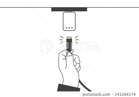 俯視插圖，一手試圖將 USB 連接線連接到充電轉接器（2） 143266174