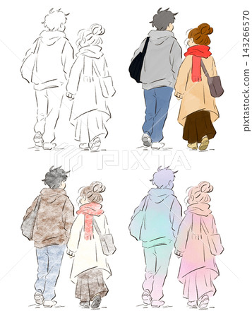 一組四幅手繪插圖,描繪了一對情侶手牽手從背後行走的情景。 一組四幅手繪插圖,描繪了一對情侶手牽手從背後行走的情景。 143266570