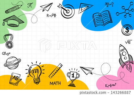 Education doodle frame on grid paper with blank space, featuring graduation cap rocket and lightbulb sketch for back to school presentation, science lesson layout, and academic announcement. 143266887