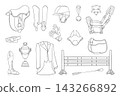 Vector line art set of equestrian equipment and horse riding gear, accessories in graphic. Hand drawn Illustration Features isolated icons. Perfect for coloring books, logo design, and layouts. 143266892