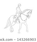 Vector line art woman riding a horse. Isolated monochrome hand drawn illustration of female equestrian in helmet training or doing dressage. For coloring books, logo design, minimal graphics. 143266903