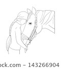 Vector line art of girl hugging horse. Isolated monochrome graphic illustration showing love, friendship, bond between female rider and her horse. For coloring books, cards, and minimal logos 143266904