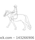 Vector line art girl with long braid riding a pony. Isolated horse monochrome graphic illustration of female young equestrian training in profile view. For coloring books, minimal logos, and graphics 143266906