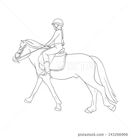Vector line art girl with long braid riding a pony. Isolated horse monochrome graphic illustration of female young equestrian training in profile view. For coloring books, minimal logos, and graphics Vector line art girl with long braid riding a pony. Isolated horse monochrome graphic illustration of female young equestrian training in profile view. For coloring books, minimal logos, and graphics 143266906