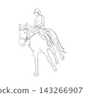 Vector line art girl riding a horse. Isolated monochrome graphic illustration of female jockey wearing a helmet and training with whip. Hand drawn For coloring books, minimal logos, linear designs 143266907