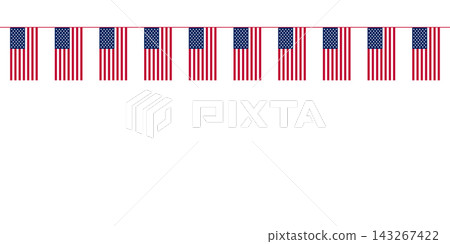 USA patriotic straight garland with repeating American flags, isolated on transparent background. Copy space. Ideal for Independence Day and other USA national holidays. PNG. Vector 143267422