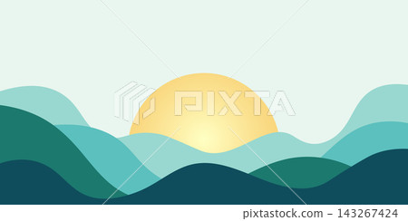 Abstract mint landscape background with mountain waves and sunset. Soft teal hills and yellow sunrise. Vector illustration Abstract mint landscape background with mountain waves and sunset. Soft teal hills and yellow sunrise. Vector illustration 143267424