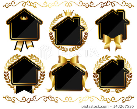Set of 6 luxurious house-shaped emblem frames in black and gold. Set of 6 luxurious house-shaped emblem frames in black and gold. 143267550