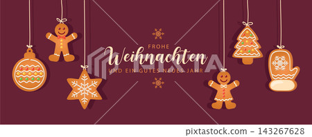 christmas card with hanging gingerbread cookies decoration vector illustration christmas card with hanging gingerbread cookies decoration vector illustration 143267628