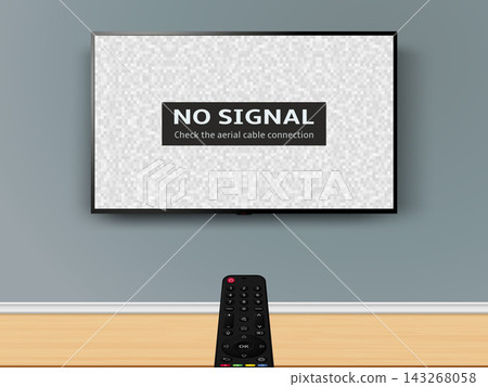 Watching online TV with remote control. Remote control is pointed at the no signal television screen. Watching online TV with remote control. Remote control is pointed at the no signal television screen. 143268058
