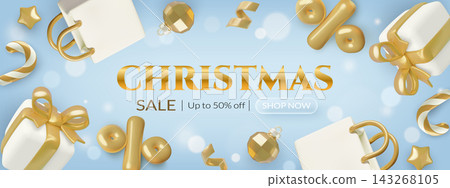 3D Christmas sale banner with gold shopping bag gift box and festive decorations on blue background 3D Christmas sale banner with gold shopping bag gift box and festive decorations on blue background 143268105