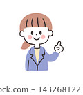 An illustration of a woman in a suit holding up her index finger to indicate directions. 143268122