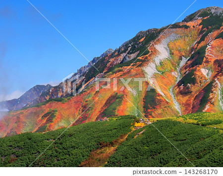 Hikers visit Murodo Plateau amidst the vibrant autumn colors of the Tateyama Three Peaks and Bessan Mountain. Hikers visit Murodo Plateau amidst the vibrant autumn colors of the Tateyama Three Peaks and Bessan Mountain. 143268170