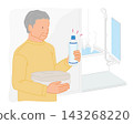 A senior man looks at a water bottle in the changing room before taking a bath. 143268220
