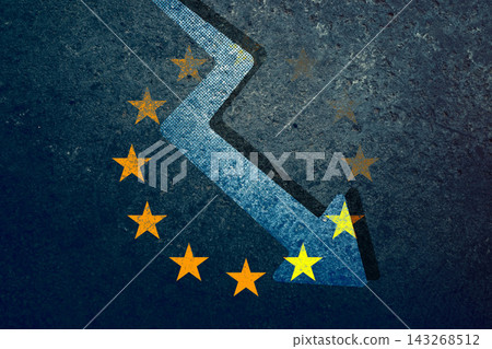 European union stars forming a circle with a downward arrow impacting the last star, illustrating economic crisis, EU recession and financial decline European union stars forming a circle with a downward arrow impacting the last star, illustrating economic crisis, EU recession and financial decline 143268512