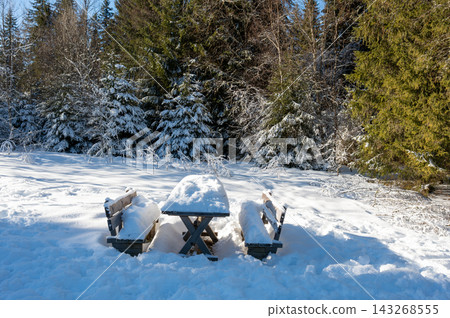 Wooden table and bench covered with snow in a peaceful winter landscape, creating a simple and atmospheric outdoor scene. Wooden table and bench covered with snow in a peaceful winter landscape, creating a simple and atmospheric outdoor scene. 143268555