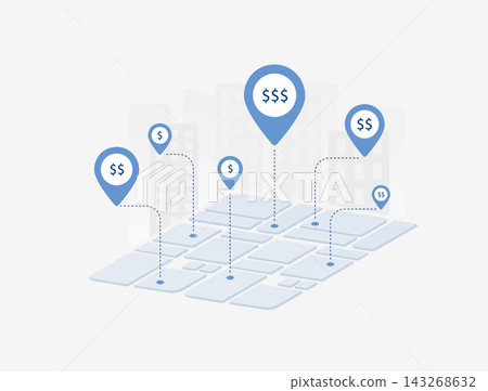Location-based pricing with map pins showing regional costs and geographic differences. Regional pricing helps businesses adapt offers to local markets and customer demand, vector illustration Location-based pricing with map pins showing regional costs and geographic differences. Regional pricing helps businesses adapt offers to local markets and customer demand, vector illustration 143268632