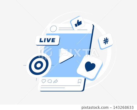 Social media live streaming with video playback, audience reactions and engagement icons. Digital broadcasting for creators, real-time interaction and audience engagement, vector illustration Social media live streaming with video playback, audience reactions and engagement icons. Digital broadcasting for creators, real-time interaction and audience engagement, vector illustration 143268633