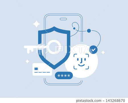 Payment passkey for biometric checkout, card authentication and passwordless payments. Device-based verification with face recognition, FIDO credentials and frictionless checkout vector illustration 143268670