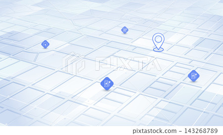 Light Blue Isometric City Grid Map with EV Charging Station Icons and Location Pin Markers. Vector illustration. Light Blue Isometric City Grid Map with EV Charging Station Icons and Location Pin Markers. Vector illustration. 143268789
