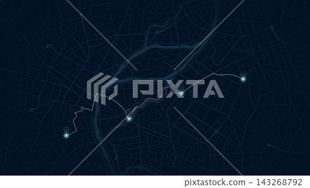 Navy City Map with Glowing Blue Route Pins and River Crossing Through Urban Street Grid. Vector illustration. Navy City Map with Glowing Blue Route Pins and River Crossing Through Urban Street Grid. Vector illustration. 143268792