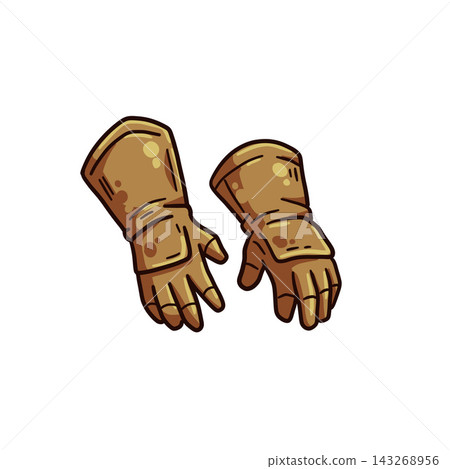 Leather gloves pair, hand drawn brown gauntlets cuffs, rpg gear icon. Fantasy game equipment cartoon art, medieval adventurer hands. Leather gloves pair grip mark Leather gloves pair, hand drawn brown gauntlets cuffs, rpg gear icon. Fantasy game equipment cartoon art, medieval adventurer hands. Leather gloves pair grip mark 143268956