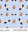 Cute Halloween Seamless Pattern with Bat Llama and Pumpkin on Light Blue Background 143269181
