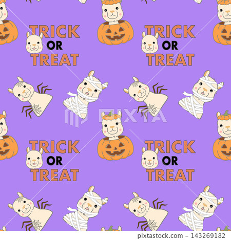 Cute Halloween Seamless Pattern with Llama in Pumpkin, Mummy and Spider Costumes on Purple Background Cute Halloween Seamless Pattern with Llama in Pumpkin, Mummy and Spider Costumes on Purple Background 143269182