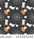 Cute Halloween Seamless Pattern with Llama Costumes, Pumpkin, Ghost, Mummy and Spider Web on Dark Background 143269184