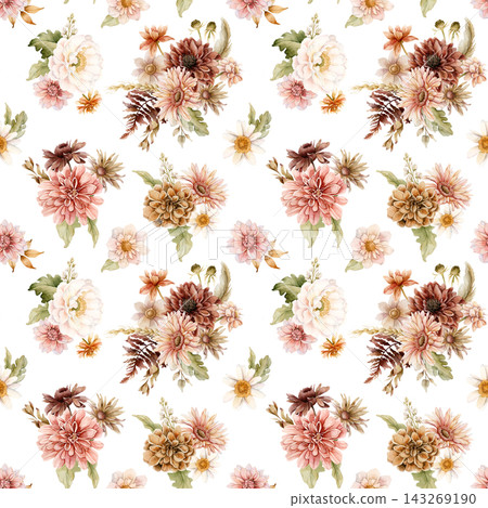 Autumn flower Seamless Pattern Dahlia Chrysanthemum Astra. Watercolor hand drawn floral illustration isolated on white background fall design wedding home textile fabric cosmetic package crockery Autumn flower Seamless Pattern Dahlia Chrysanthemum Astra. Watercolor hand drawn floral illustration isolated on white background fall design wedding home textile fabric cosmetic package crockery 143269190