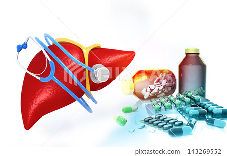 Human liver and stethoscope with medicine 143269552