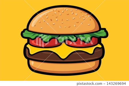 Tasty Cheeseburger Vector Cartoon Illustration on Yellow Background Tasty Cheeseburger Vector Cartoon Illustration on Yellow Background 143269694