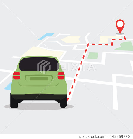 Car Navigation on City Map Vector Illustration with Location Pin and Red Dashed Route Car Navigation on City Map Vector Illustration with Location Pin and Red Dashed Route 143269720