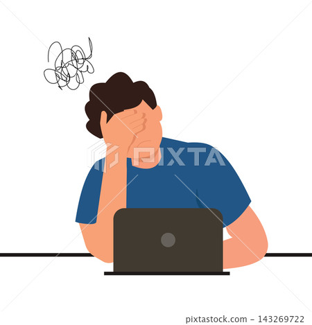 Stressed Man Facing Work Overload and Burnout Sitting at Desk with Laptop Illustration Stressed Man Facing Work Overload and Burnout Sitting at Desk with Laptop Illustration 143269722