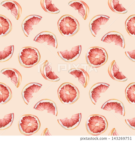 Grapefruit citrus fruit seamless pattern. Watercolor hand drawn floral food illustration isolated on beige background for summer design home kitchen textile cute print table cloth porcelain crockery Grapefruit citrus fruit seamless pattern. Watercolor hand drawn floral food illustration isolated on beige background for summer design home kitchen textile cute print table cloth porcelain crockery 143269751