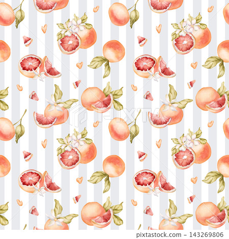 Grapefruit citrus fruit blue striped seamless pattern. Watercolor hand drawn floral food illustration isolated on white background for summer design home kitchen cute textile cosmetic package crockery Grapefruit citrus fruit blue striped seamless pattern. Watercolor hand drawn floral food illustration isolated on white background for summer design home kitchen cute textile cosmetic package crockery 143269806
